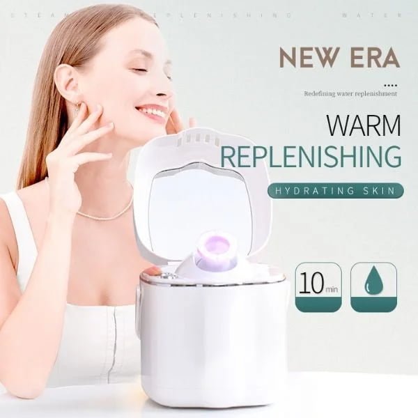 Woman using the KD2332 facial steamer with visible warm mist