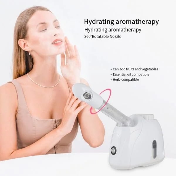 Woman with KD33S facial steamer showing adjustable nozzle rotation
