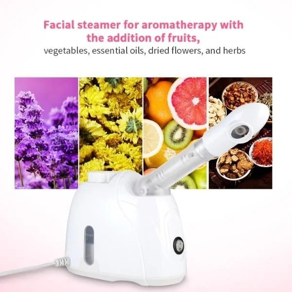 Seated woman evaluating the KD33S tabletop facial steamer