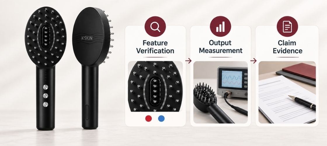 KD3802 scalp comb with feature verification, output measurement and claim evidence stages