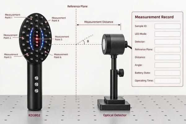 LED Output Measurement Conditions Blank LED measurement record showing mode, detector position, measurement plane and operating conditions