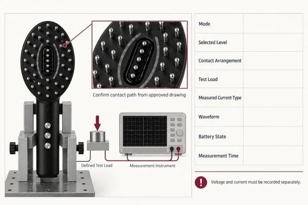 Microcurrent Output Verification Record Blank electrical output worksheet linking operating mode, selected level, test load and measured waveform