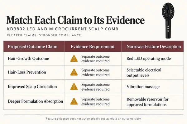Match Each Claim to Its Evidence Claim review matrix separating verified feature descriptions from unsupported hair and scalp outcome claims