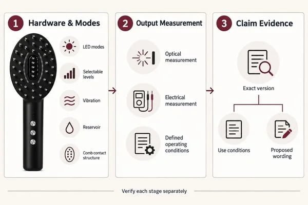 Three Stages of Claim Verification Diagram separating scalp comb feature verification, output measurement and claim evidence