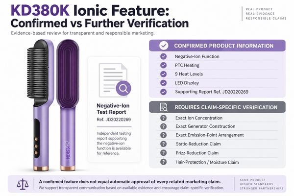 KD380K Ionic Feature Evidence Matrix KD380K ionic hair straightener brush evidence matrix showing confirmed product features and claims requiring further verification