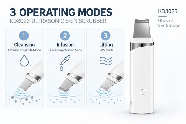 Ultrasonic Skin Scrubber Operating Modes Infographic separating ultrasonic cleansing, skincare application and EMS operating modes in a multifunction skin scrubber
