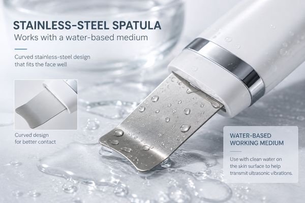 Ultrasonic Skin Scrubber Spatula and Working Medium Close-up of a stainless-steel skin scrubber spatula with water-based medium showing surface vibration