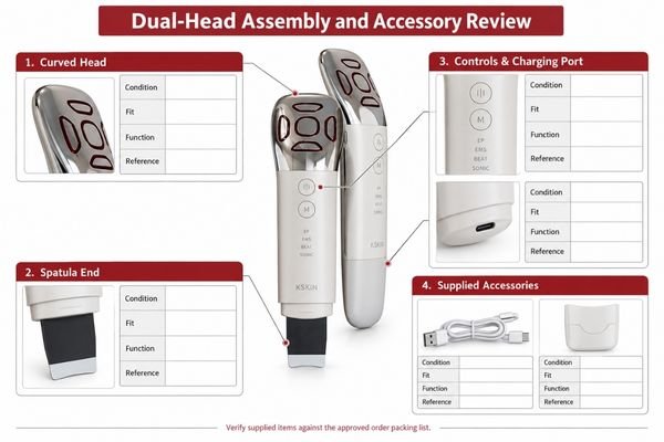 Dual-head assembly and accessory review Dual-head device inspection with separate records for heads, controls and charging accessories