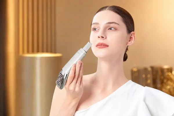 Woman using the KD8086 facial beauty device spatula head near her face