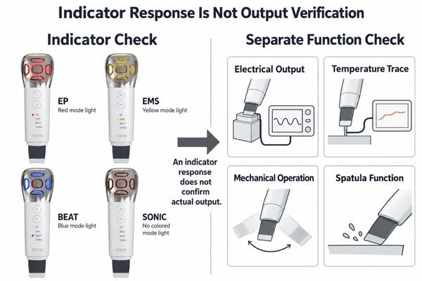 Indicators and actual output checks Mode indicators compared with separate electrical, thermal and mechanical verification records