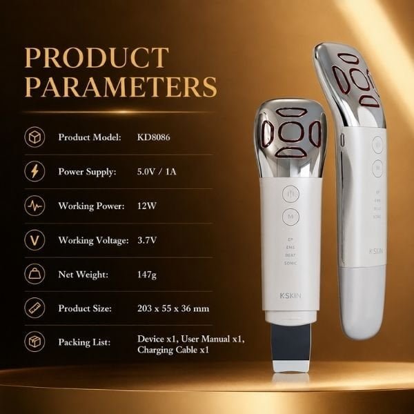 KD8086 product parameters including 12W power, 750mAh battery and 203 x 55 x 36 mm dimensions