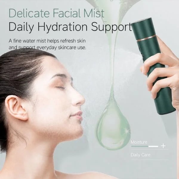 Woman receiving a fine facial mist from the KD88SA portable skincare sprayer