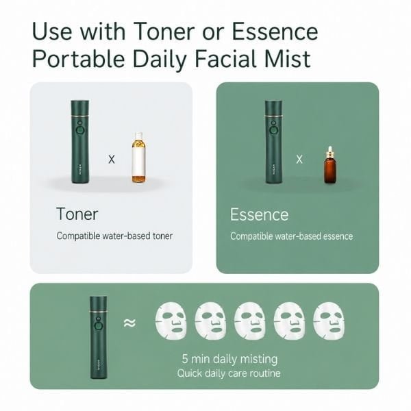 KD88SA facial mist sprayer shown with compatible water-based toner and essence
