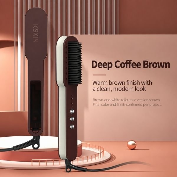 Brown KD890 steam hair straightening brush front and rear views