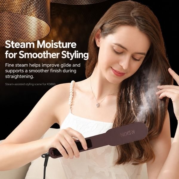KD890 steam hair straightening brush shown in a dry-hair styling scene