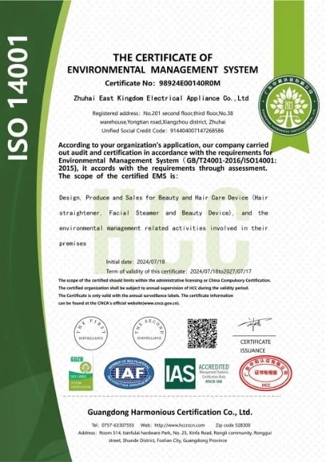 K·SKIN ISO 14001 Environmental Management System Certificate K·SKIN ISO 14001 environmental management system certificate for beauty and hair care device manufacturing