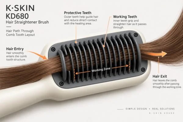 Hair straightener brush tooth layout showing working teeth, protective teeth and the path of a controlled hair tress