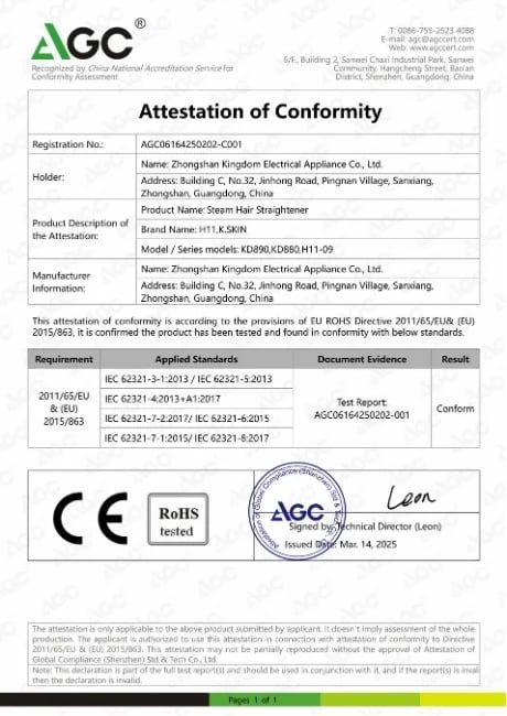 K·SKIN steam hair straightener RoHS conformity attestation for KD880, KD890 and H11-09 models
