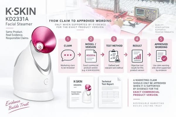 Nano-ionic facial steamer evidence review showing claim, model version, test method, result and approved marketing wording