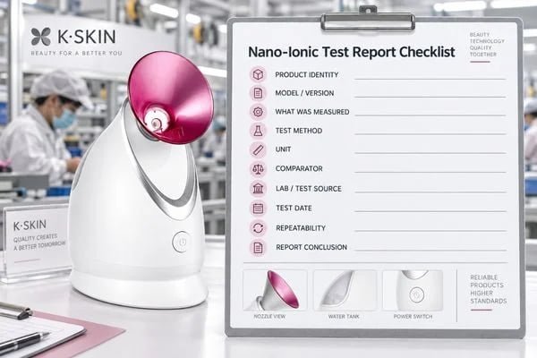 Nano-ionic facial steamer test report checklist showing model, method, unit, comparator, laboratory, date and result