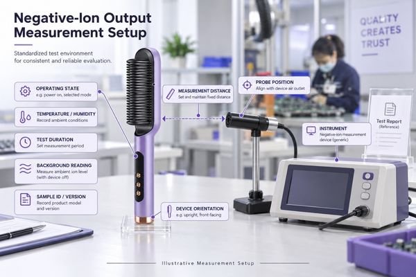 Negative-Ion Output Test Conditions Negative-ion output measurement setup for an ionic hair straightener brush showing controlled test variables