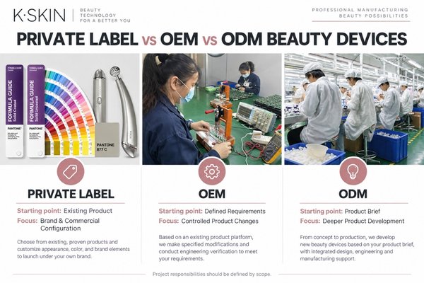Private Label OEM ODM beauty device comparison Comparison of Private Label, OEM and ODM beauty device projects by starting point, customization depth, engineering responsibility and validation
