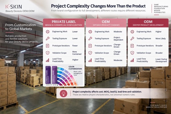 Private Label OEM ODM cost MOQ lead time comparison Comparison of cost, MOQ, lead time and validation drivers across Private Label, OEM and ODM beauty device projects