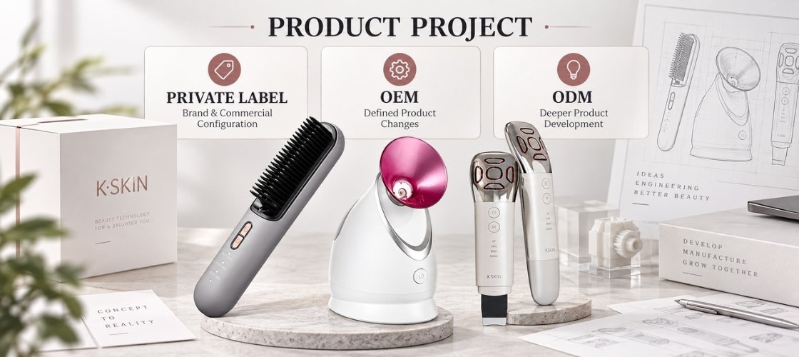 Private Label vs OEM vs ODM beauty device project routes with real K·SKIN hair styling, facial steamer and home beauty devices