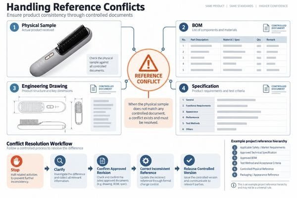 Conflict-resolution diagram comparing golden sample, BOM, drawing and specification before production release