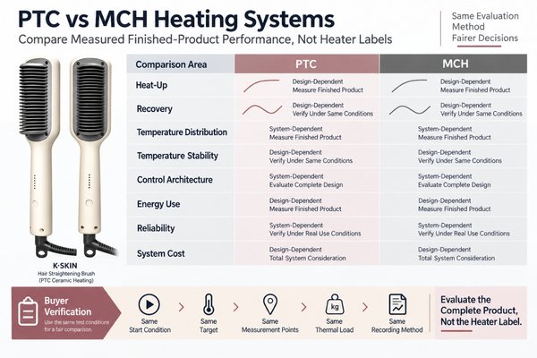 Buyer comparison matrix for PTC and MCH heating systems covering heat-up, recovery, temperature uniformity, control, power, structure, cost and reliability