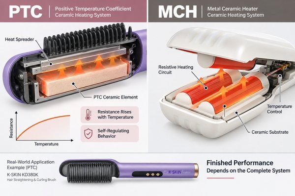 Technical comparison of PTC self-regulating ceramic heating and MCH-type ceramic heater architecture with heat flow and temperature control