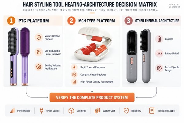 Decision matrix for selecting PTC or MCH heating systems based on product platform, thermal response, size, power, cost, reliability and validation needs