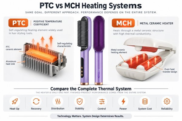 PTC and MCH heating systems compared inside hair styling tools with heater structures, temperature curves and buyer evaluation points
