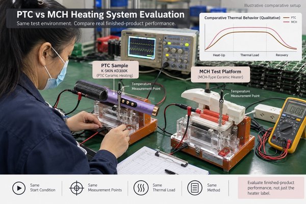Sample test setup comparing PTC and MCH hair styling tools with fixed temperature probes, data logger, thermal load and matching test conditions
