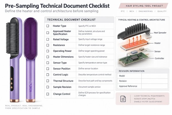 Supplier document checklist for PTC and MCH hair styling tool samples showing heater specification, sensor, controller, voltage, power, structure and revision control