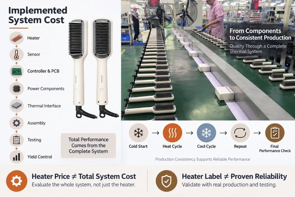 Hair styling tool heating system cost and reliability comparison showing heater, sensor, controller, assembly, testing, yield and thermal cycling