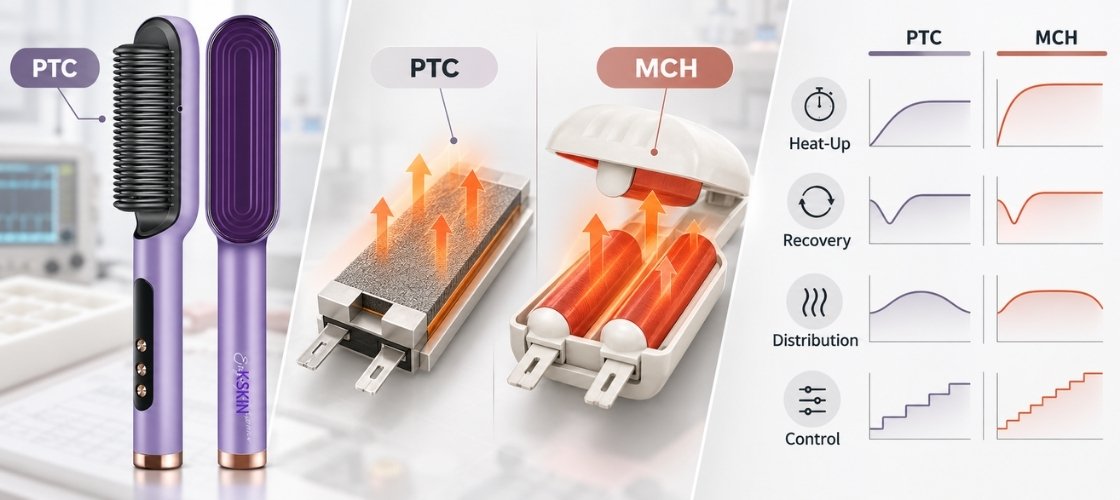 PTC vs MCH heating systems in hair styling tools with KD380K and ceramic heater comparison