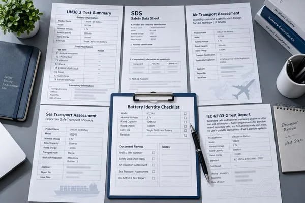 Rechargeable Battery Document Review Battery specification UN 38.3 test summary SDS and transport documents matched to one battery model