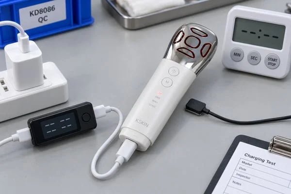Rechargeable Beauty Device Charging Check USB charging input cable indicator and temperature checks for a rechargeable beauty device