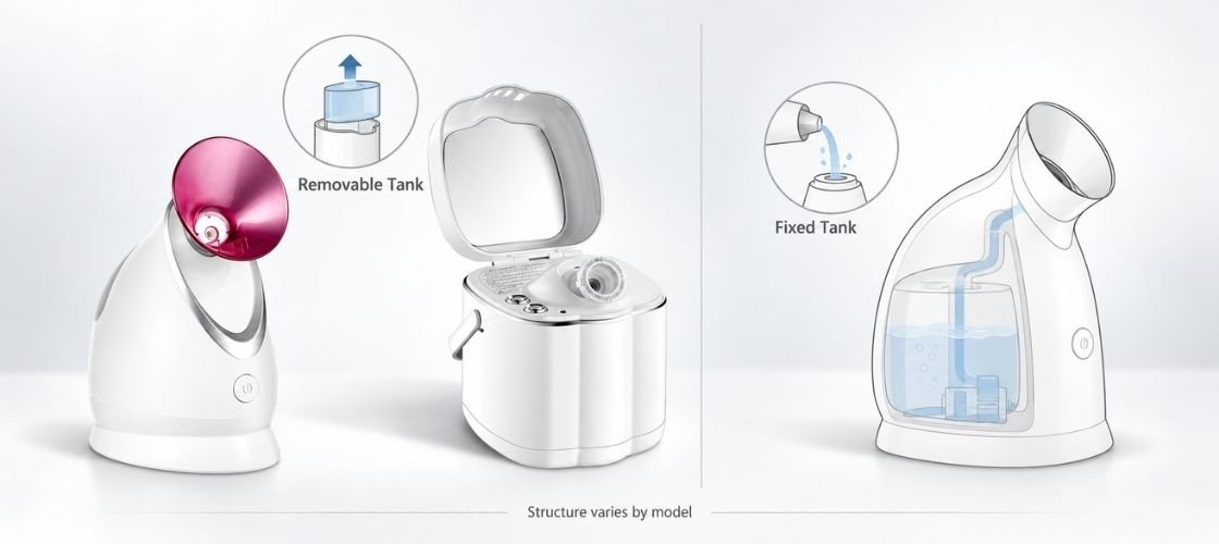 Removable and fixed facial steamer water tank layouts for buyer comparison