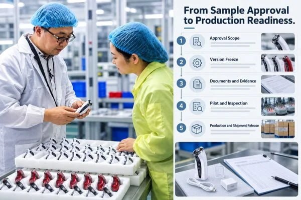 Sample approval handover board showing product version, documents and production release stages