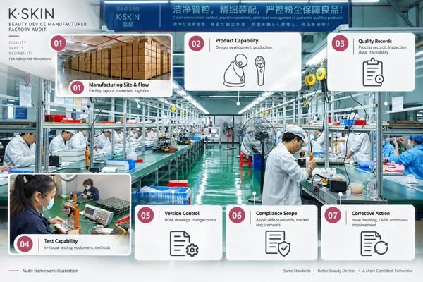 Seven Beauty Device Factory Audit Areas Seven-part beauty device factory audit checklist covering production, engineering, quality records, testing, version control, documentation, and corrective action