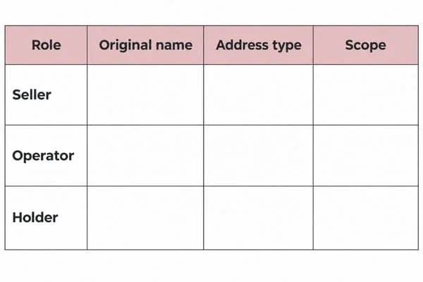 Blank comparison worksheet with fields for original names, address types and evidence scope