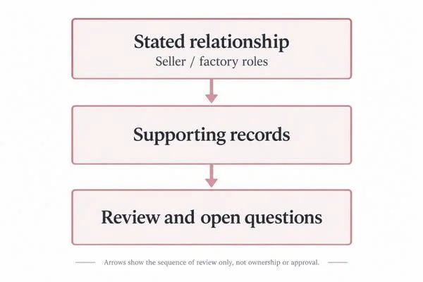 Illustrative flow from a declared seller and factory relationship to supporting records and review