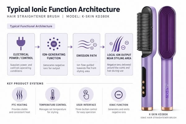Typical Ionic Hair Straightener Brush Architecture Typical ionic hair straightener brush architecture showing power control, ion-generating function, emission path and measurable output