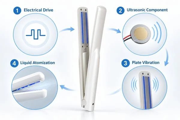 Ultrasonic component, metal treatment plates and liquid atomization in a hair care device