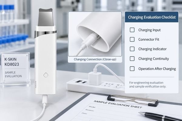 Ultrasonic skin scrubber charging evaluation USB rechargeable ultrasonic skin scrubber undergoing charging connector and indicator evaluation
