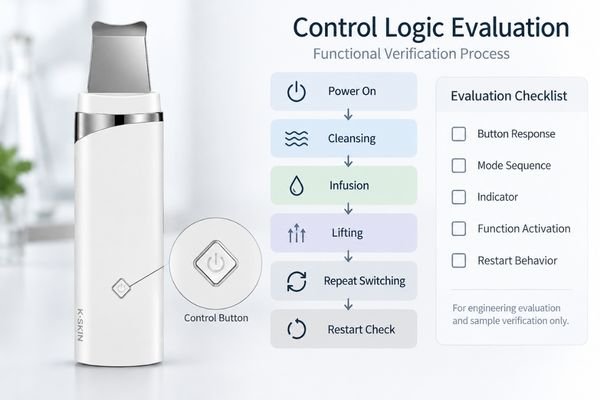 Ultrasonic skin scrubber control and mode evaluation Ultrasonic skin scrubber control and mode test showing power button, operating modes and indicator verification
