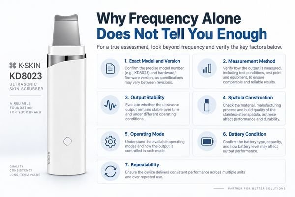 Why Ultrasonic Frequency Alone Is Not Enough Buyer-focused infographic explaining why ultrasonic frequency alone does not define skin scrubber performance