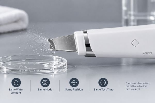 Ultrasonic skin scrubber output test Ultrasonic skin scrubber spatula undergoing a controlled functional output test with consistent water application